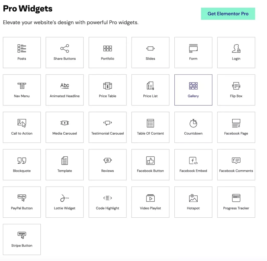 Auflistung von allen Widgets, die Elementor Pro für zusätzliche Kosten zur Verfügung stellt.