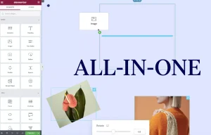 Werbebild für Elementor Pro, das die Benutzeroberfläche zeigt mit den verfügbaren Widgets.