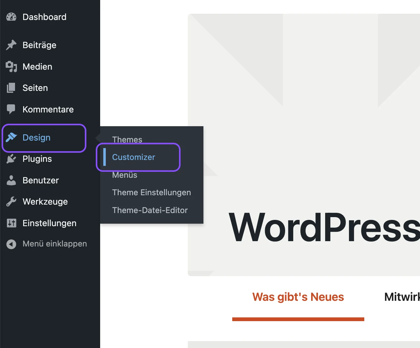 Navigation zum Customizer